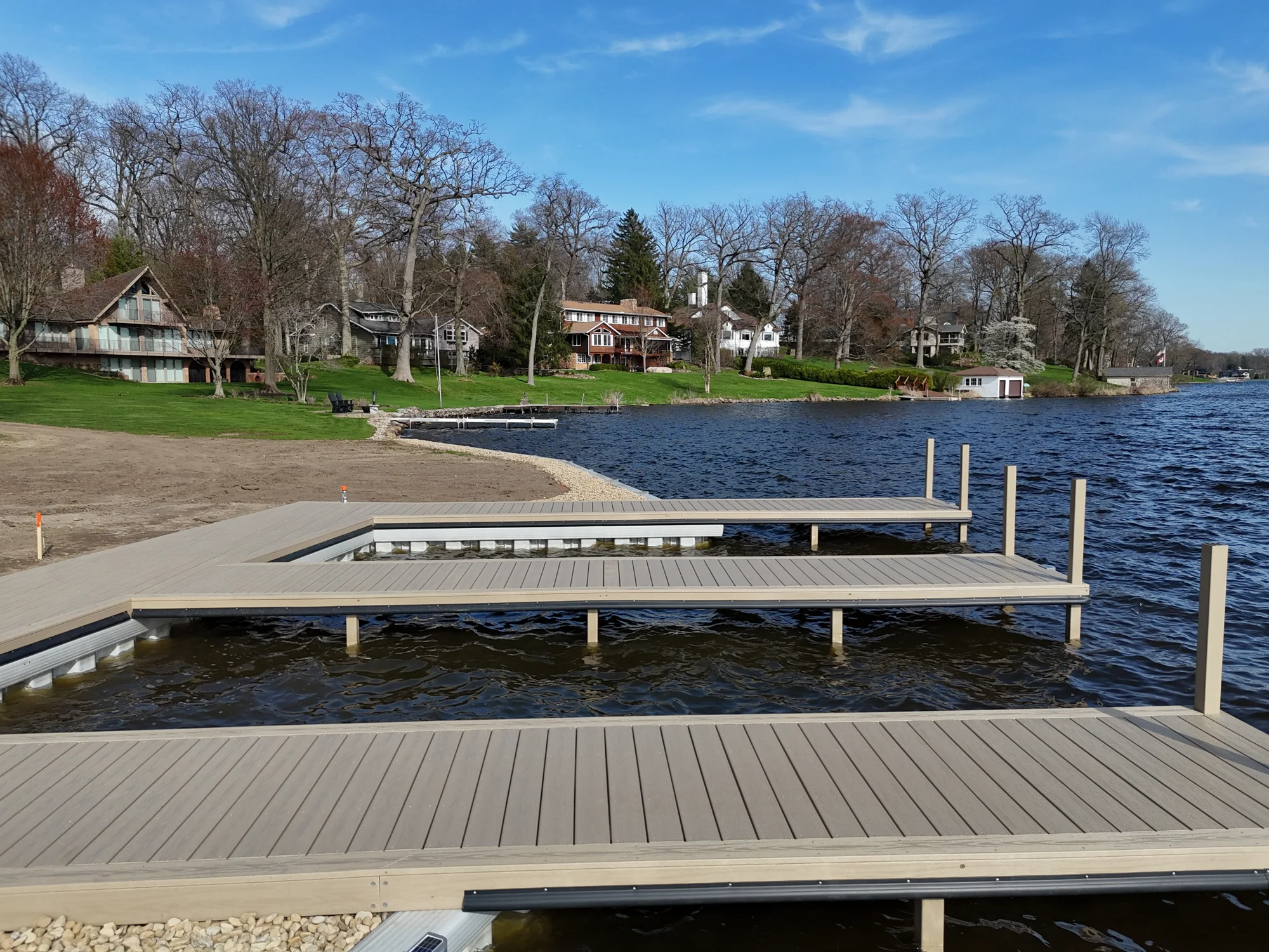 The dock fingers and connecting boardwalk at the rough-finish stage.