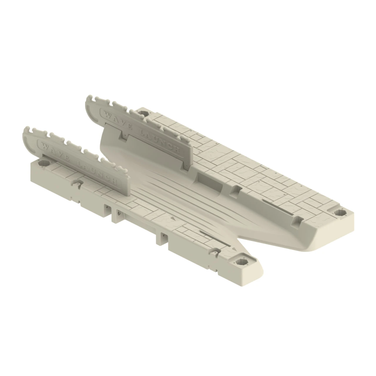 Product view of a beige Wave Armor kayak launch with a central channel and hand-grip rails.