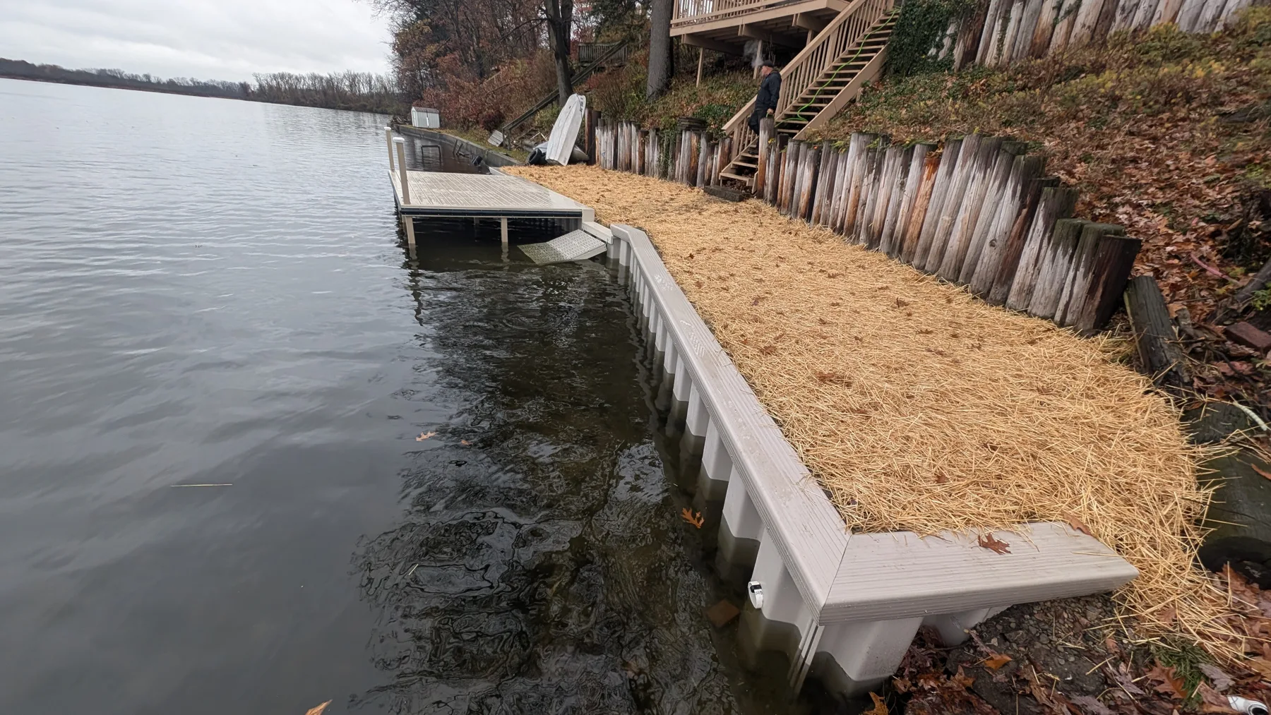 The seawall cap follows the bank, with a visible outlet and the dock beyond.