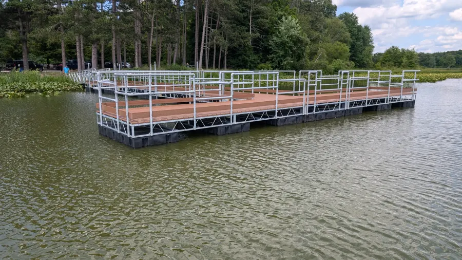 Railed floating fishing pier at Mogadore Reservoir