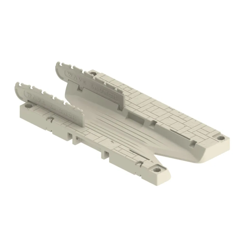 Product view of a beige Wave Armor kayak launch with a central channel and hand-grip rails.
