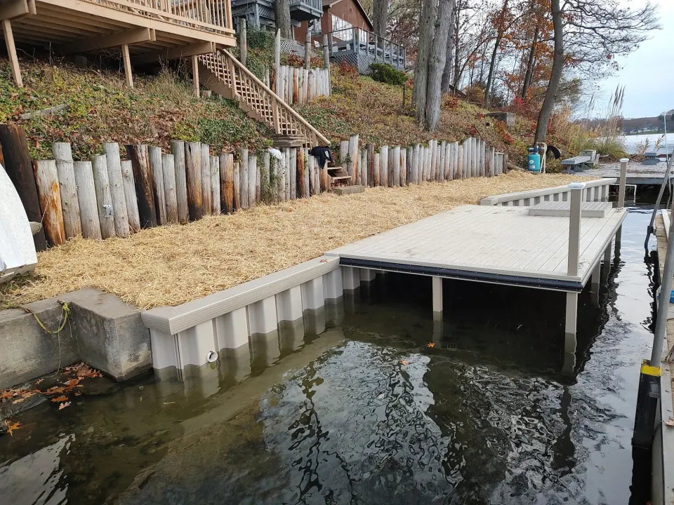 Dock and shoreline construction beside an Ohio lake