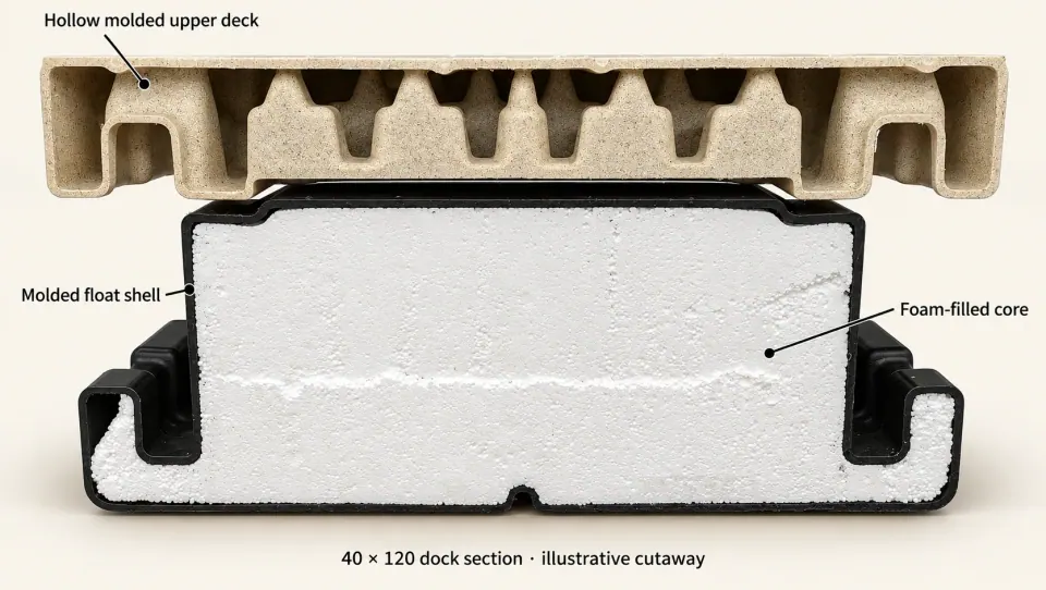 Photo-referenced cutaway of a 40 by 120 Wave Armor dock section showing the deep hollow beige upper deck, black molded float shell, and white foam core
