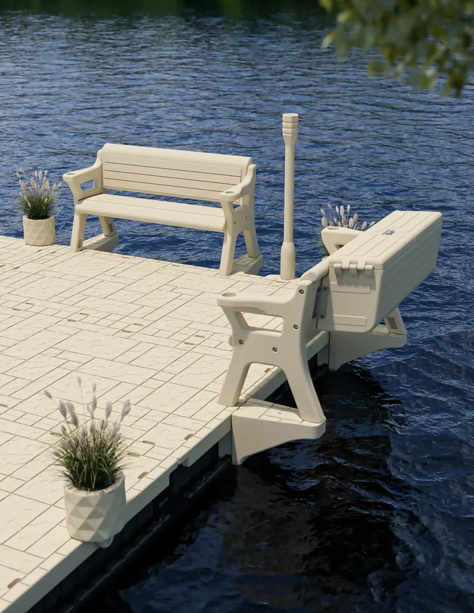Beige Wave Armor dock benches, including a bench with an attached storage box, beside the water