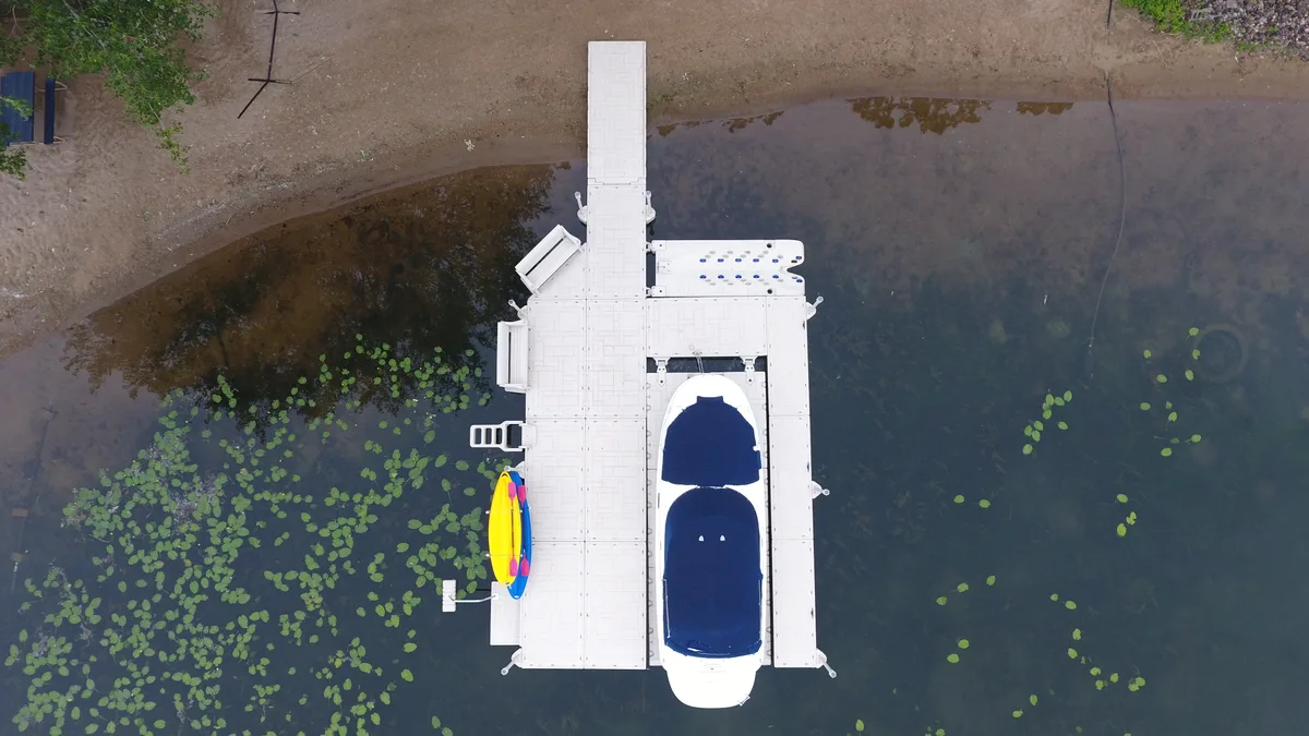 Aerial view of a modular floating dock layout