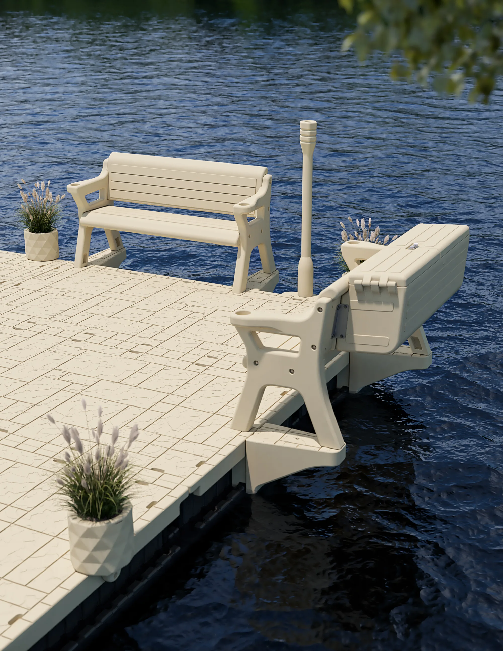 Wave Armor dock seating and bench storage Beige Wave Armor dock benches, including a bench with an attached storage box, beside the water